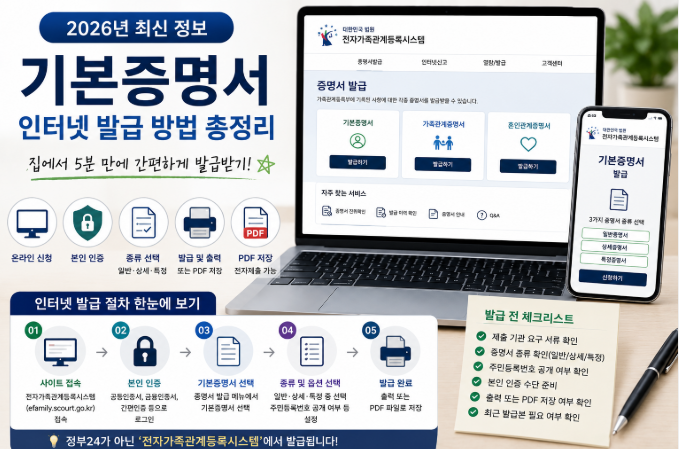 기본증명서 인터넷 발급 절차와 일반·상세·특정 증명서 차이를 안내하는 대표 이미지