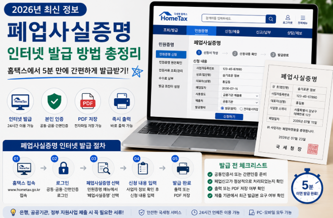 2026년 폐업사실증명 인터넷 발급 절차와 홈택스 이용 방법을 안내하는 대표 이미지