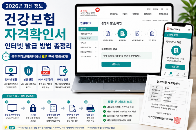 2026년 건강보험 자격확인서 인터넷 발급 절차와 국민건강보험공단 이용 방법을 안내하는 대표 이미지