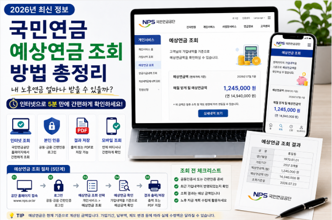 2026년 국민연금 예상연금 조회 절차와 국민연금공단 이용 방법을 안내하는 대표 이미지