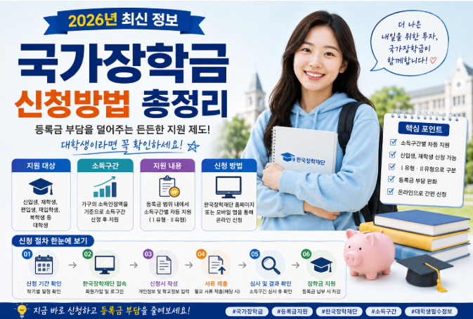 2026년 국가장학금 신청방법과 지원 대상, 소득구간, 신청 절차를 안내하는 대표 이미지
