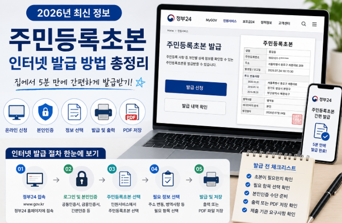 주민등록초본 인터넷 발급 절차와 PDF 저장 및 출력 방법을 안내하는 대표 이미지