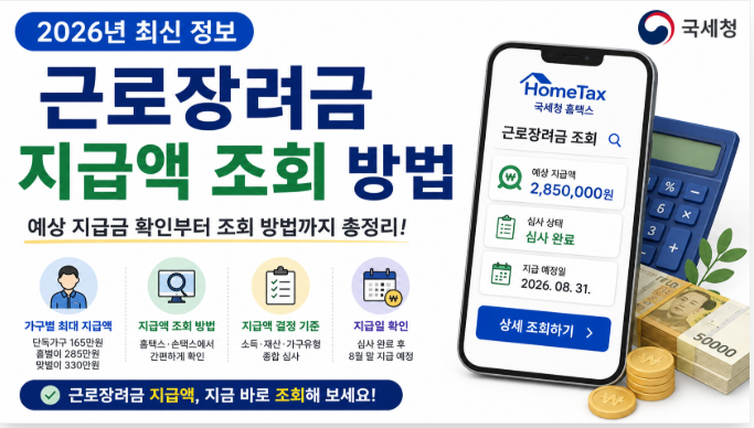 2026년 근로장려금 지급액 조회 방법과 예상 지급금 확인 절차를 안내하는 대표 이미지